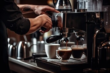 Barista preparing coffee in coffee machine. Barista making coffee in coffee shop