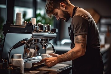 Barista preparing coffee in coffee machine. Barista making coffee in coffee shop