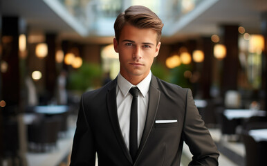 Poster - A caucasian man in suit standing at lobby hotel.