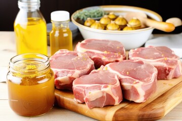 Poster - raw pork chops with jars of honey and mustard nearby