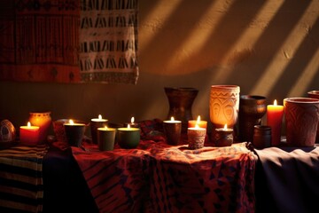 Canvas Print - lit candles casting shadows against a wall bedecked with african cloth