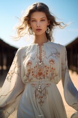 Canvas Print - Beautiful woman model wearing a beautiful exquisite and simple embroidered beaded dress.