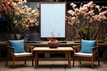 Sticker - Table with two chairs and vase with flowers on it.