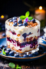 Canvas Print - Dessert with blueberries and whipped cream on plate.