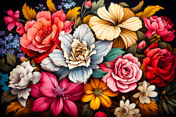 Wall Mural - Image of bunch of flowers on black background.