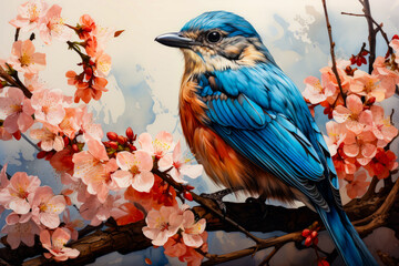 Canvas Print - Blue bird sitting on top of branch of tree.