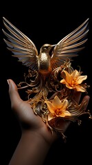 Sticker - Hand holding golden bird statue with flowers on it.