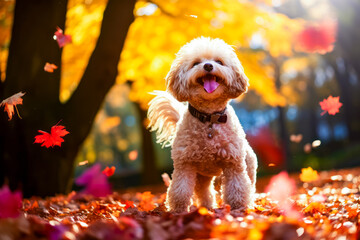 Poster - Small white dog standing on top of pile of leaves.