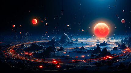 Poster - Artist's image of red planet surrounded by mountains.