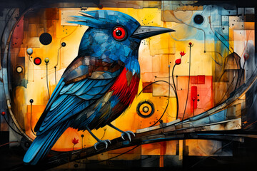 Wall Mural - Image of blue bird sitting on tree branch.