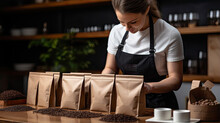 Woman Hands Seal Coffee Bean Bag Packages Ready For Sales