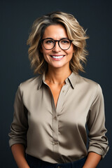 Wall Mural - Woman with glasses smiling for picture in studio.