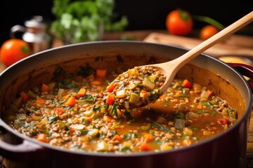 Poster - stirring vegetable lentil soup with a wooden spoon