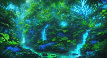 Wall Mural - electric rainforest oasis green and blue neon magic amid exotic leaves.