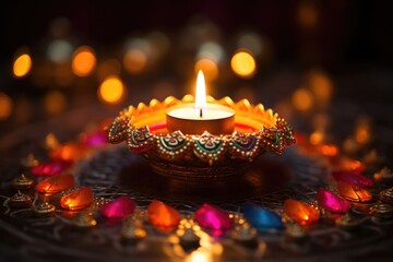 Canvas Print - focus on a single glowing diya