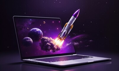 Wall Mural - screen to space journey rocket ejects from laptop on black-purple