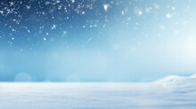 Winter Snow Background With Snowdrifts, With Beautiful Light And Snow Flakes On The Blue Sky In The Evening, Banner Format, Copy Space.
