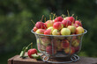 Crabapples in a wire frame bowl.