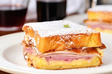 Wall Mural - a close-up shot of a monte cristo sandwich on a white plate