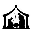 Christian Christmas nativity scene of baby Jesus in a manger with Mary and Joseph.Silhouette.Vector illustrator.Icon.