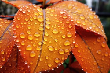 Wall Mural - up-close view of orange and yellow leaves with dew