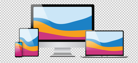 Mockup design. Realistic computer, notebook, tablet and smartphone vector rendering. Background computer technology. Isolated background. Vector illustration.