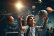 Little boy playing with planet in galaxy. dream of astronaut.