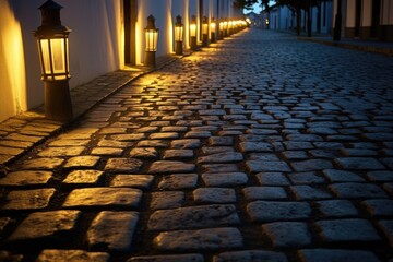 Poster - illuminated lanterns casting shadows on a cobblestone path