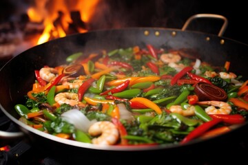 Wall Mural - close-up of stir-frying ingredients of a paella