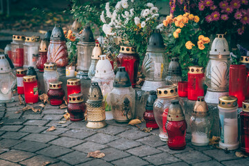 Wall Mural - lanterns with burning candles, All Saints Day in cemetery in nostalgic autumnal time