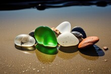 Reflective Sea Glass, Pebbles, Seashells On A Wet Sand