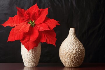 Canvas Print - red poinsettia plant against ceramic santa figurine