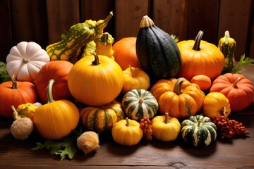 Wall Mural - assortment of winter squash on a wooden table