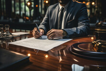 Close Up Business Man Signing Contract On Desk In Office , Business Approve , Signing Contract , Agreement And Working Document Permit