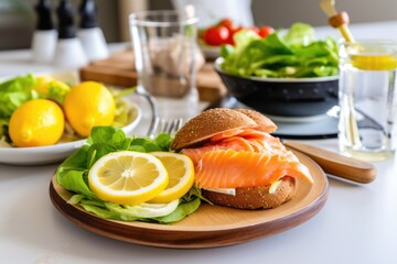 Poster - smoked salmon on bagel with salad and lemon wedges nearby