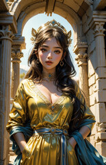 Wall Mural - Greek goddess at ancient city ruins. Beautiful young woman Aphrodite style with golden necklace jewelry. Athena walking Greece. Mythical Hellenic.