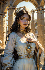 Wall Mural - Greek goddess at ancient city ruins. Beautiful young woman Aphrodite style with golden necklace jewelry. Athena walking Greece. Mythical Hellenic.