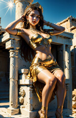 Canvas Print - Greek goddess at ancient city ruins. Beautiful young woman Aphrodite style with golden necklace jewelry. Athena walking Greece. Mythical Hellenic.