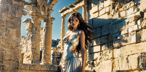 Wall Mural - Greek goddess at ancient city ruins. Beautiful young woman Aphrodite style with golden necklace jewelry. Athena walking Greece. Mythical Hellenic.