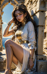 Canvas Print - Greek goddess at ancient city ruins. Beautiful young woman Aphrodite style with golden necklace jewelry. Athena walking Greece. Mythical Hellenic.