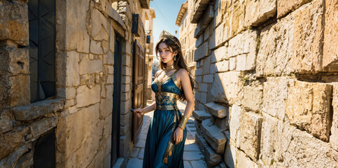 Wall Mural - Greek goddess at ancient city ruins. Beautiful young woman Aphrodite style with golden necklace jewelry. Athena walking Greece. Mythical Hellenic.