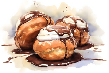 Canvas Print - Chocolate Cream Profiteroles watercolor art style