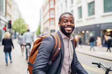 Wall Mural - Successful smiling African American businessman with backpack riding a bicycle in a city street in London. Healthy, ecology transport