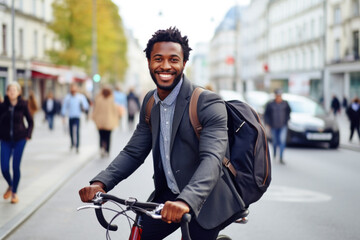 Wall Mural - Successful smiling African American businessman with backpack riding a bicycle in a city street in Berlin. Healthy, ecology transport