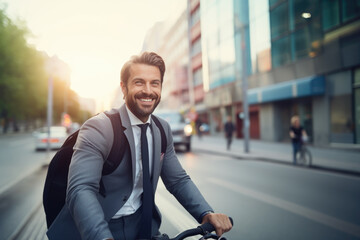 Wall Mural - Successful smiling businessman with backpack riding a bicycle in a city street in Berlin. Healthy, ecology transport