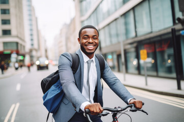 Wall Mural - Successful smiling African American businessman with backpack riding a bicycle in a city street in London. Healthy, ecology transport