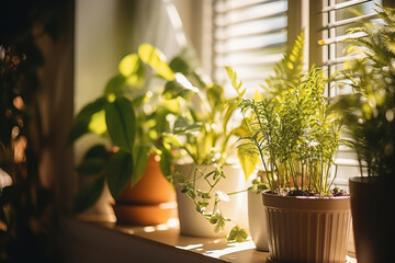 Wall Mural - Pots with green houseplants on a windowsill in morning sunlight. Indoor gardening. Living room decor