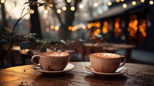 Cozy winter cafe with steaming mugs Warm and inviting , illustrator image, HD