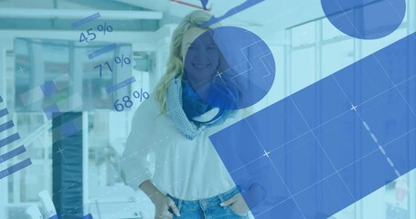 Poster - Animation of financial data processing over caucasian businesswoman in office