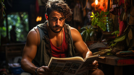 Bold man with blue hair reading a comic in rainbow speedo on a hammock in vibrant jungle.